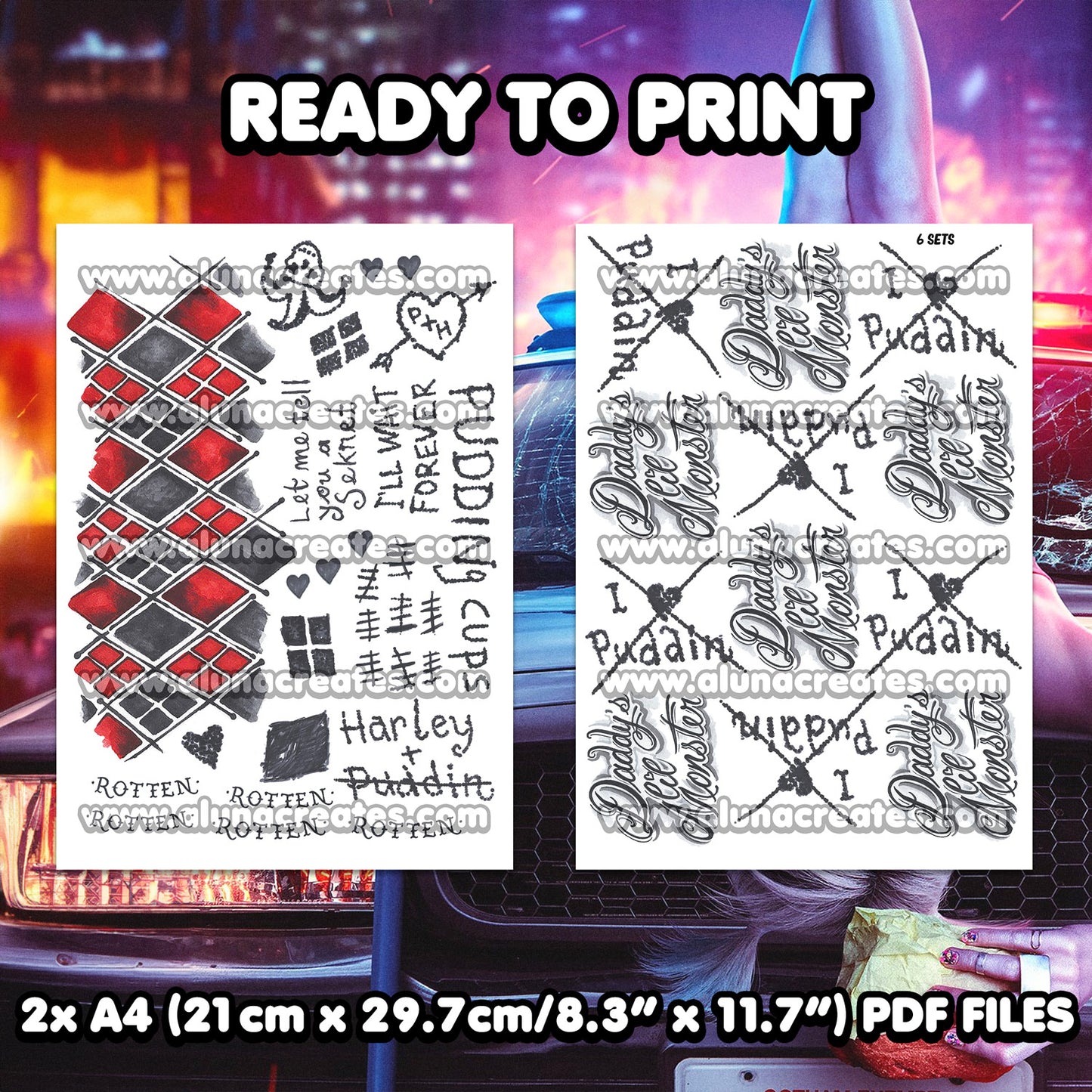 Harley Quinn - Birds of Prey | READY TO PRINT .PDF TATTOOS | FULL SET - AlunaCreates