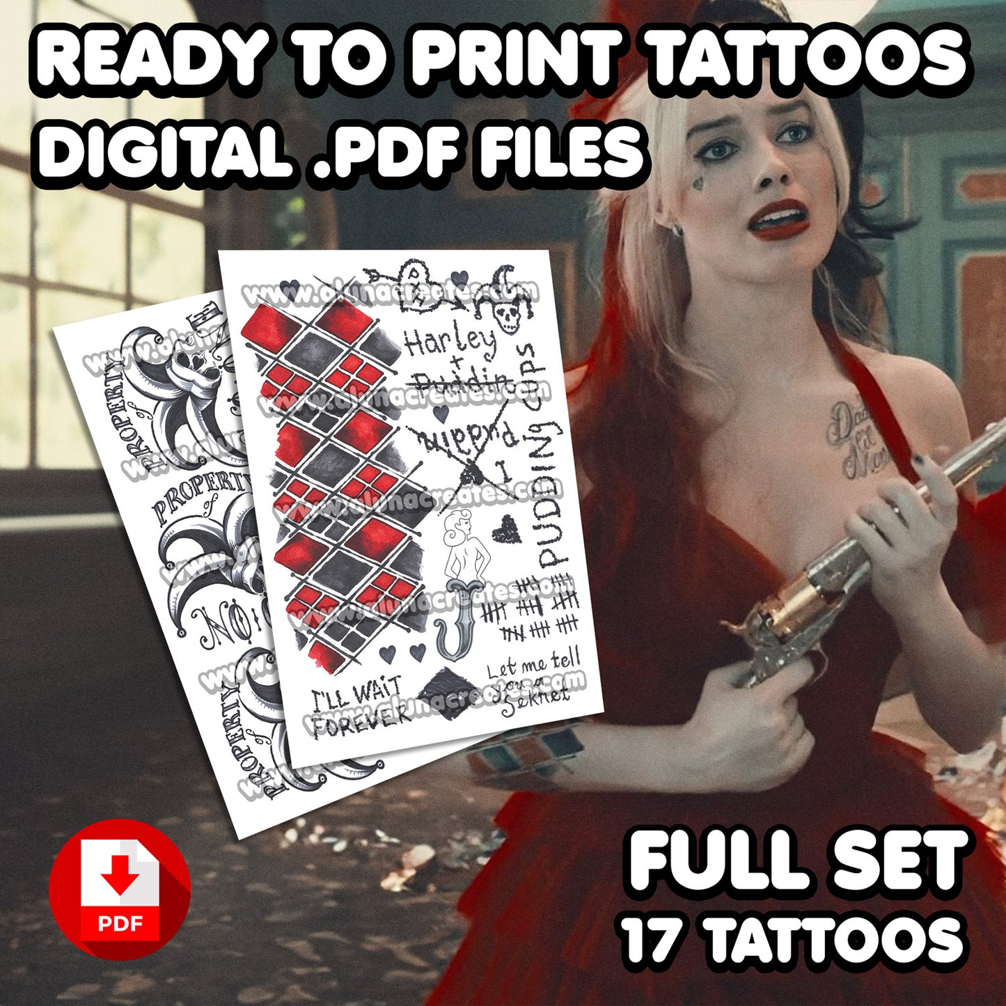 Harley Quinn (Red Dress) - The Suicide Squad | READY TO PRINT .PDF TATTOOS | FULL SET - AlunaCreates