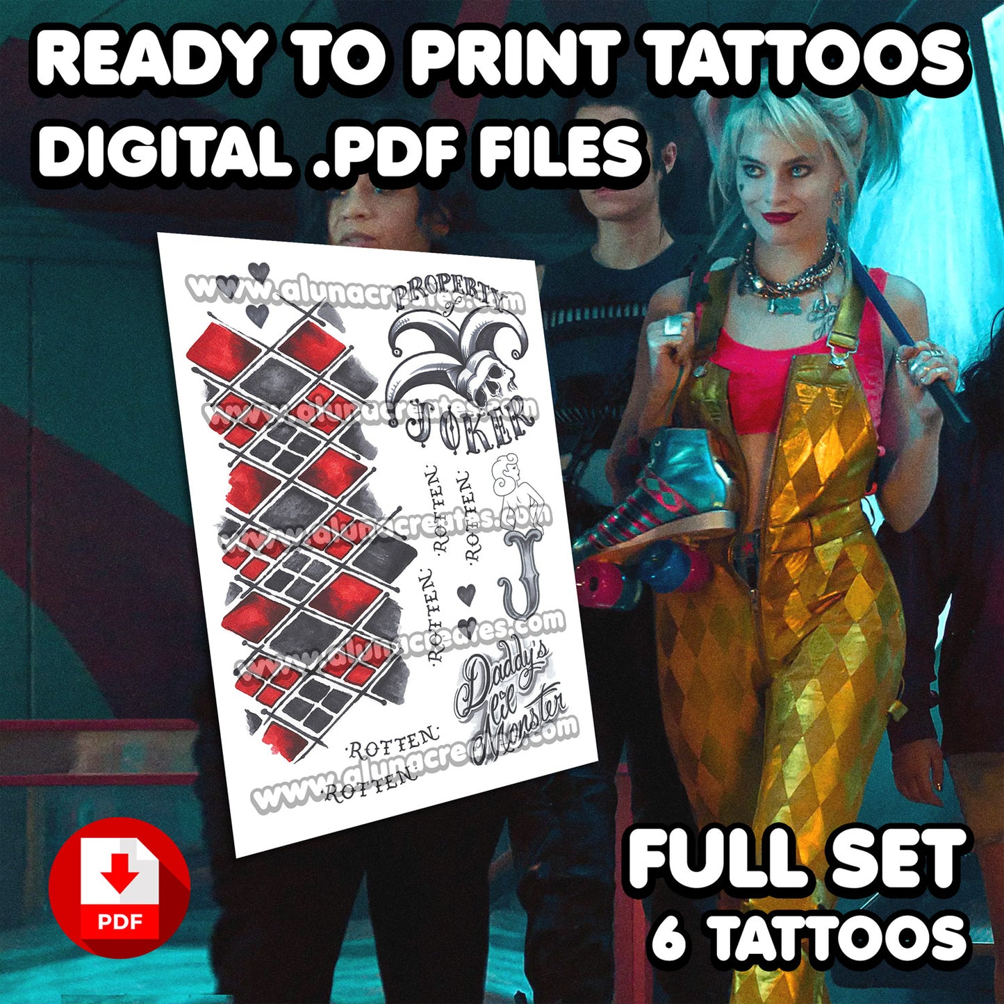 Harley Quinn (Gold) - Birds of Prey | READY TO PRINT .PDF TATTOOS | FULL SET - AlunaCreates