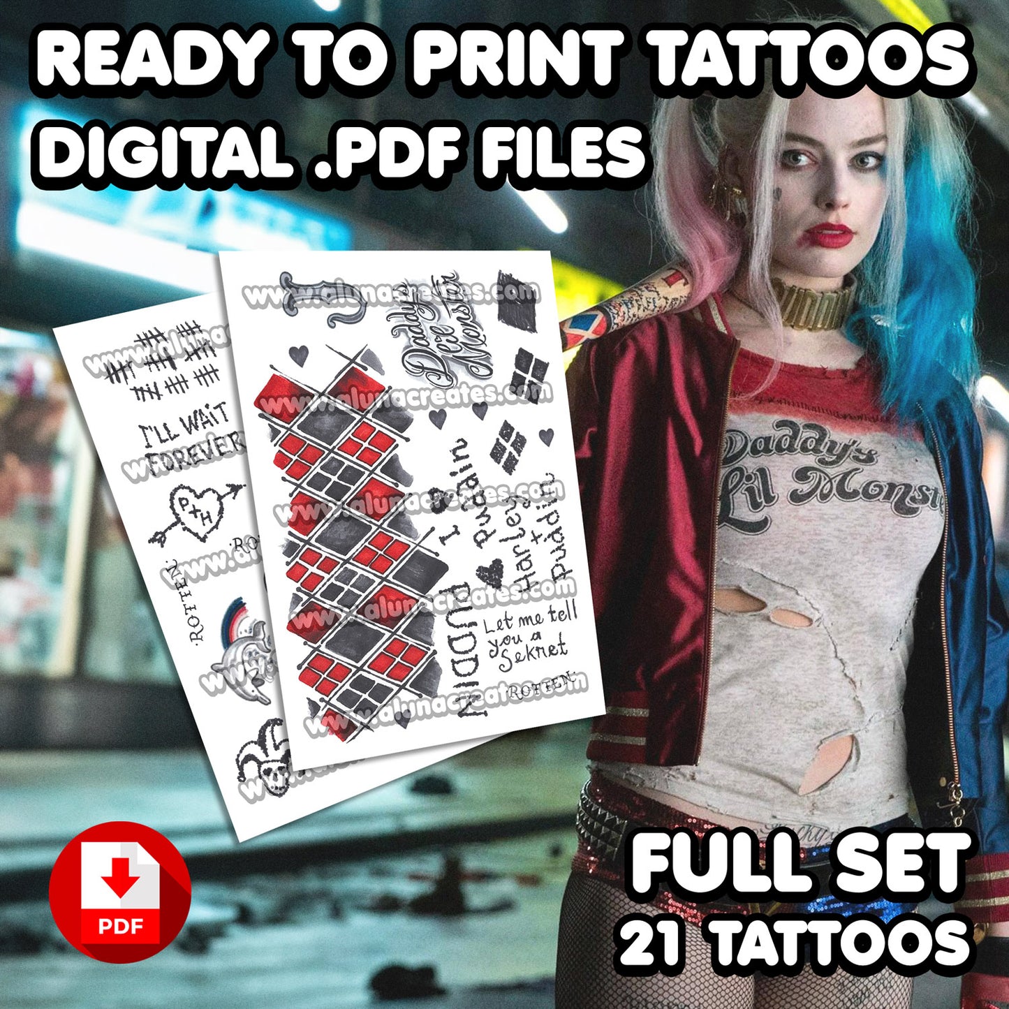 Harley Quinn (klassisch)-Selbstmord kommando | BEREIT ZU DRUCKEN. PDF TATTOOS | VOLLSTÄNDIGES SET - AlunaCreates