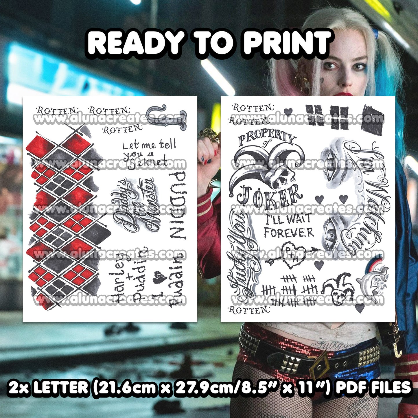 Harley Quinn (klassisch)-Selbstmord kommando | BEREIT ZU DRUCKEN. PDF TATTOOS | VOLLSTÄNDIGES SET - AlunaCreates