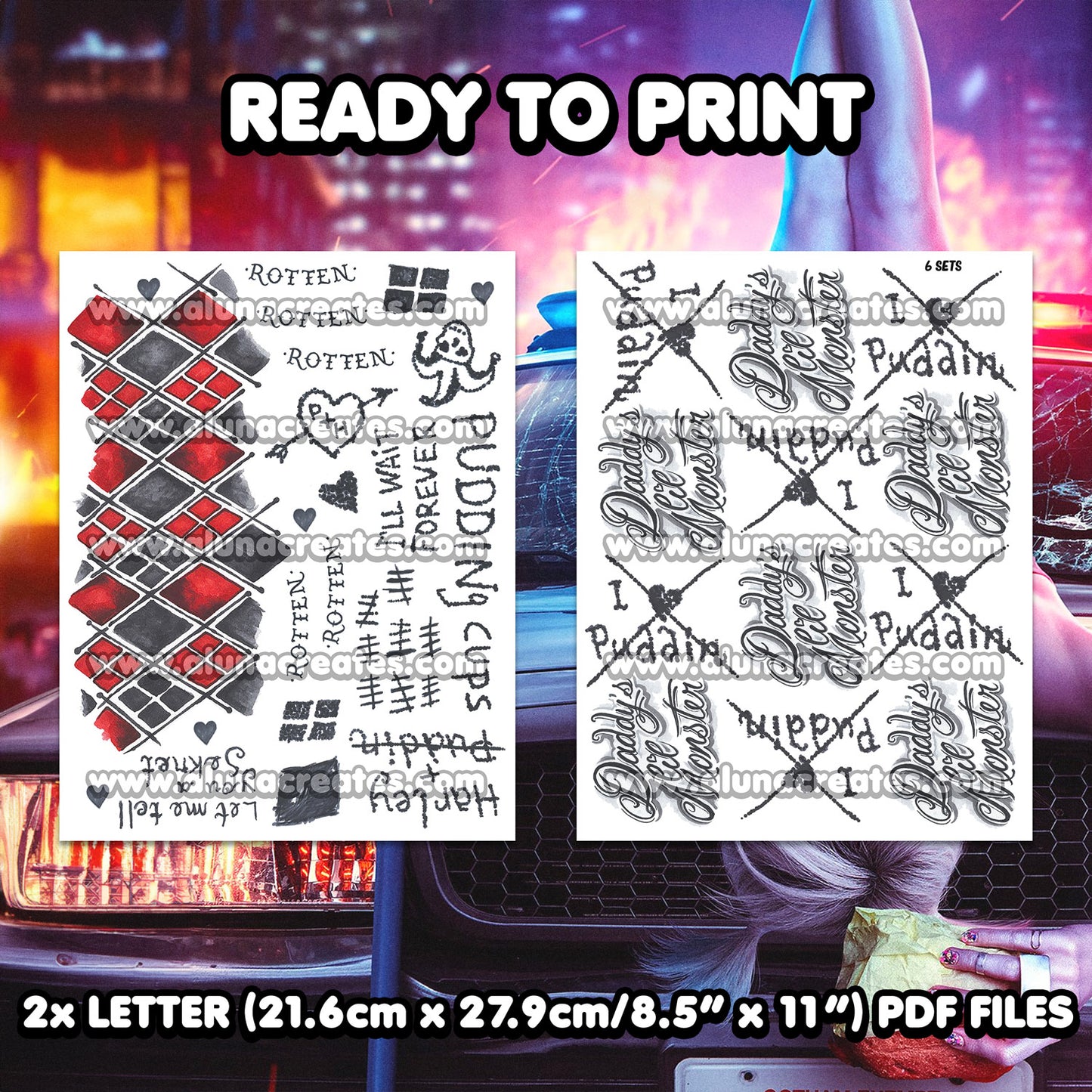 Harley Quinn - Birds of Prey | READY TO PRINT .PDF TATTOOS | FULL SET - AlunaCreates