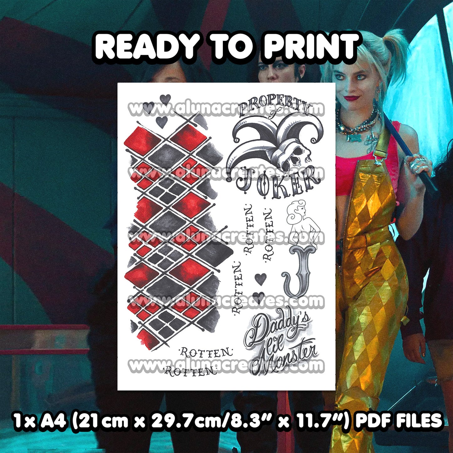 Harley Quinn (Gold) - Birds of Prey | READY TO PRINT .PDF TATTOOS | FULL SET - AlunaCreates