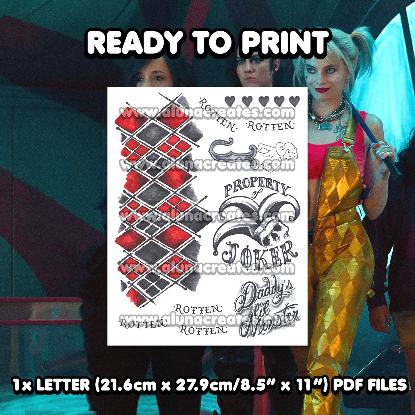 Harley Quinn (Gold) - Birds of Prey | READY TO PRINT .PDF TATTOOS | FULL SET - AlunaCreates