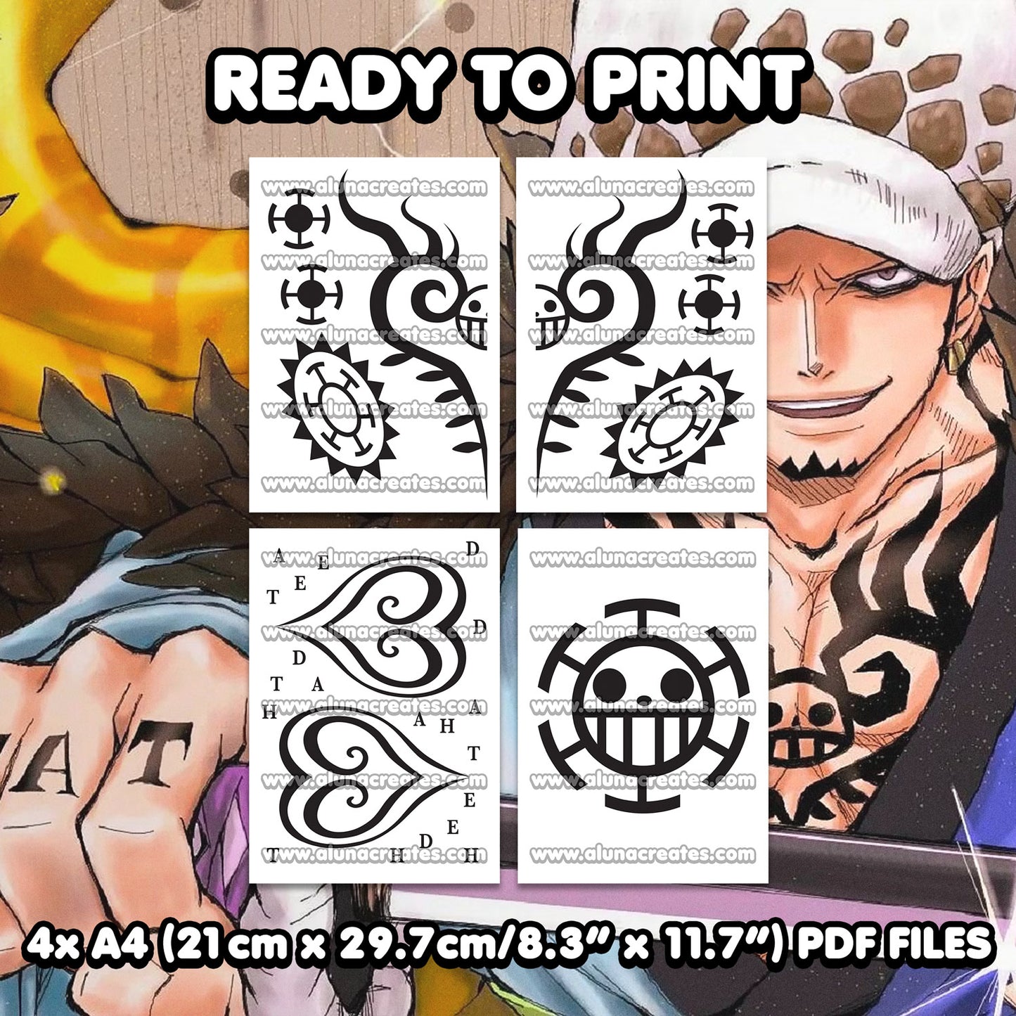 Trafalgar D. Water Law - One Piece | READY TO PRINT .PDF TATTOOS | FULL SET - AlunaCreates