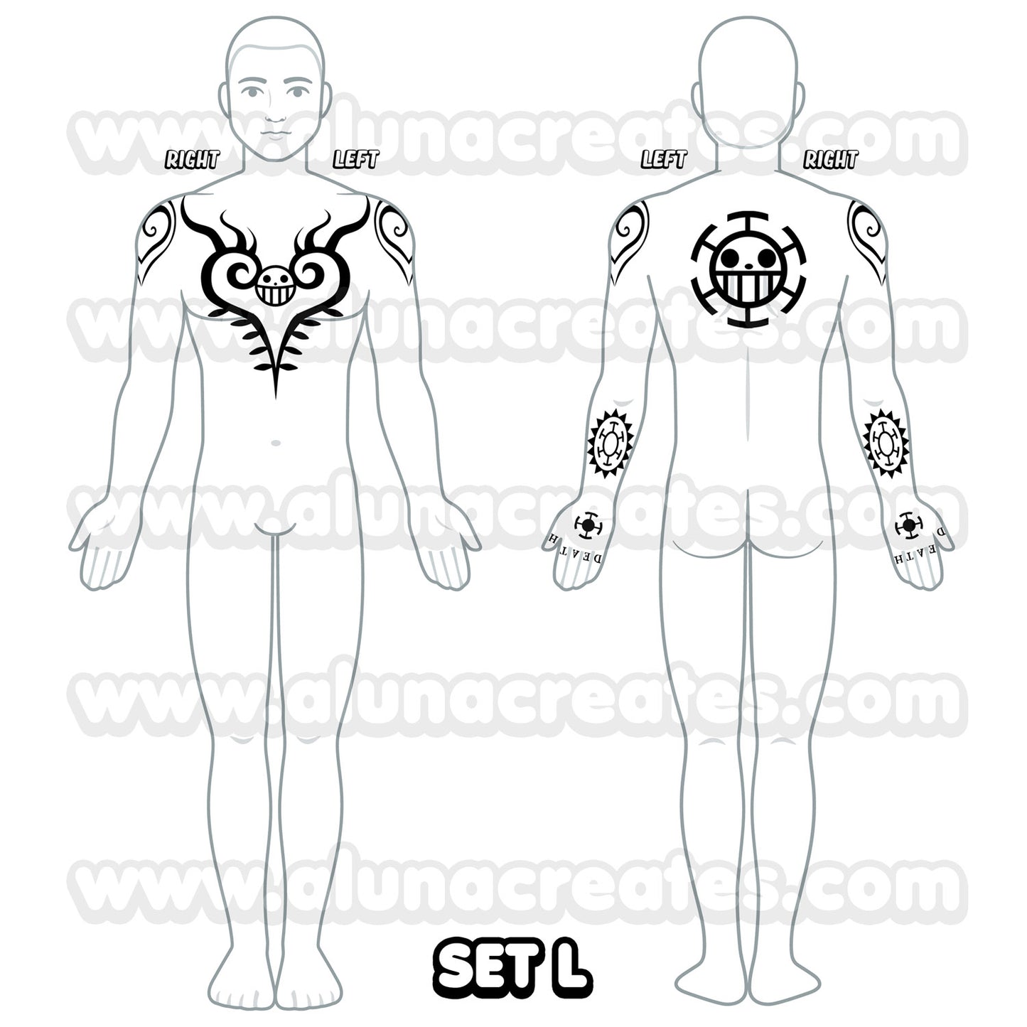 Trafalgar D. Water Law - One Piece | READY TO PRINT .PDF TATTOOS | FULL SET - AlunaCreates