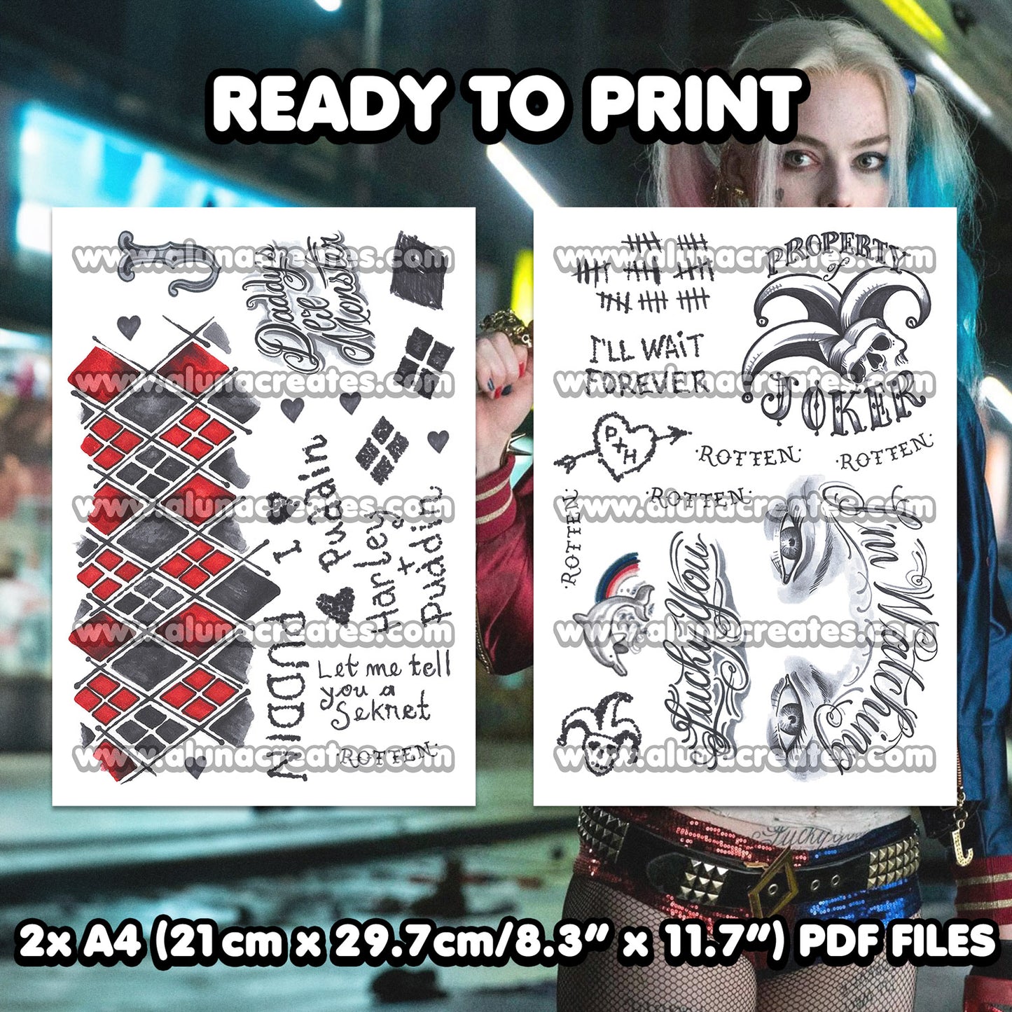 Harley Quinn (klassisch)-Selbstmord kommando | BEREIT ZU DRUCKEN. PDF TATTOOS | VOLLSTÄNDIGES SET - AlunaCreates