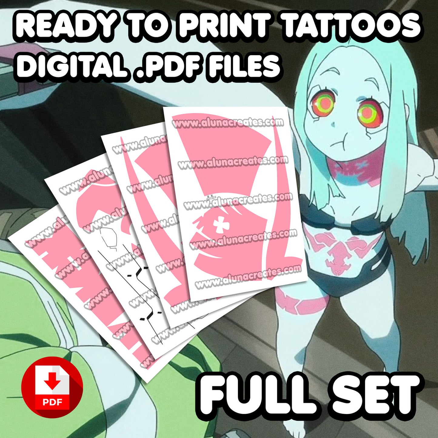 Rebecca - Cyberpunk: Edgerunners | BEREIT ZU DRUCKEN. PDF TATTOOS | VOLLSTÄNDIGES SET - AlunaCreates