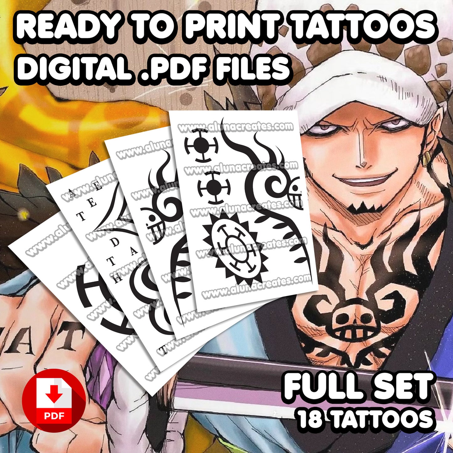 Trafalgar D. Water Law - One Piece | READY TO PRINT .PDF TATTOOS | FULL SET - AlunaCreates