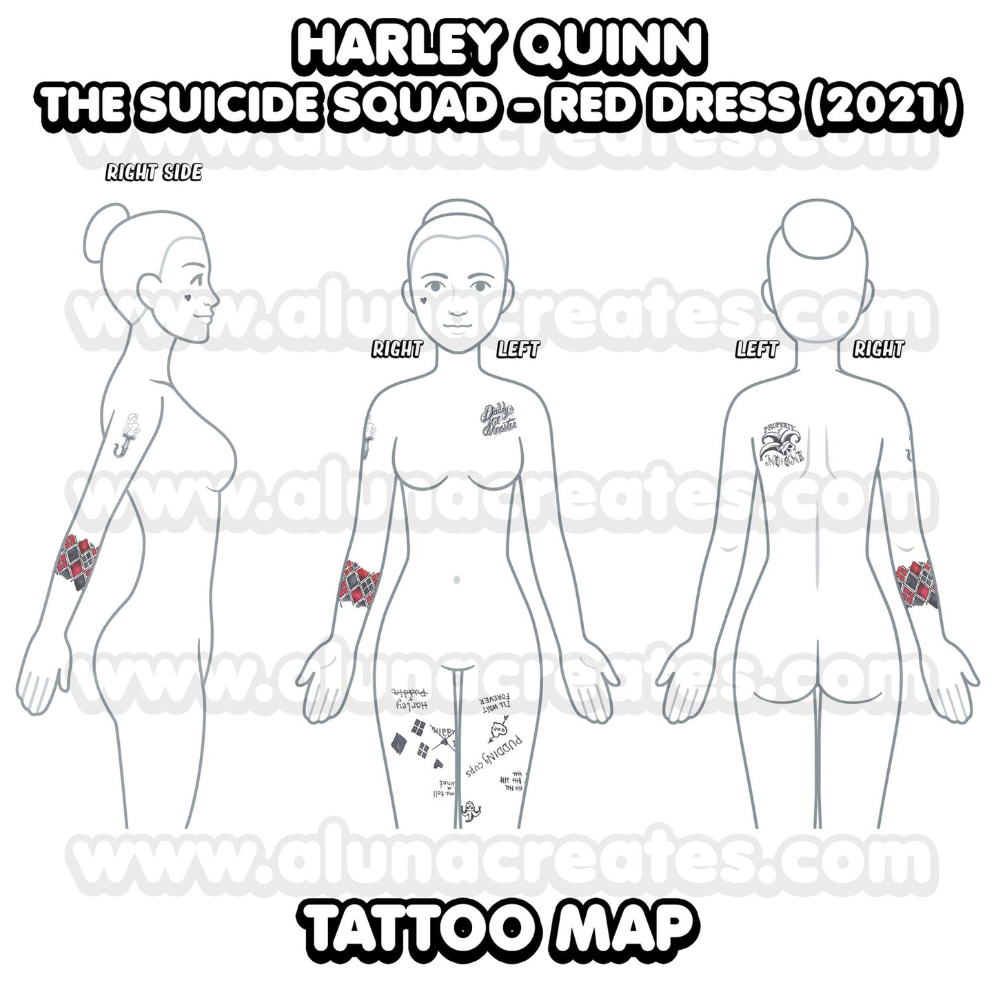 Harley Quinn (Red Dress) - The Suicide Squad | Temporary Tattoos | FULL SET - AlunaCreates