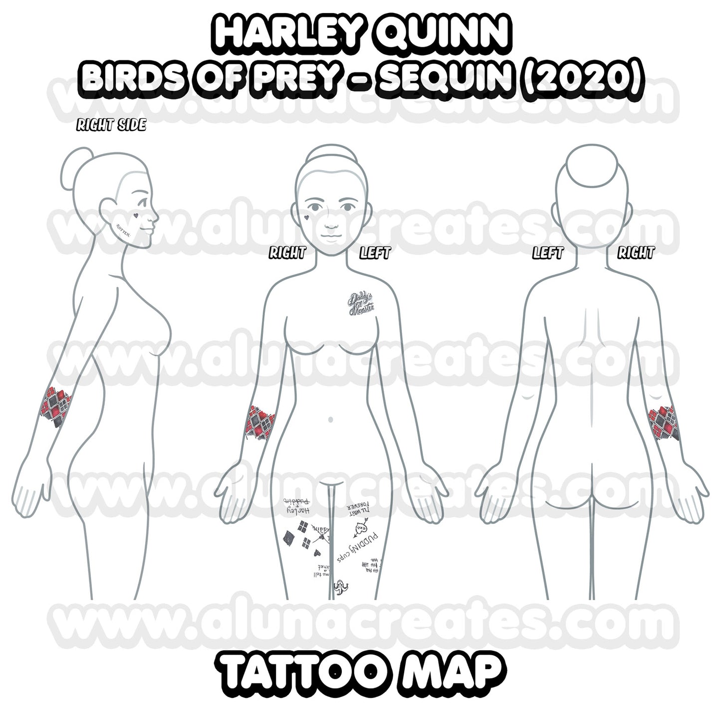 Harley Quinn - Birds of Prey | READY TO PRINT .PDF TATTOOS | FULL SET - AlunaCreates