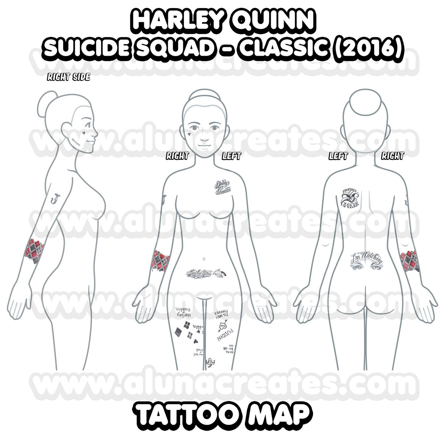 Harley Quinn (klassisch)-Selbstmord kommando | BEREIT ZU DRUCKEN. PDF TATTOOS | VOLLSTÄNDIGES SET - AlunaCreates