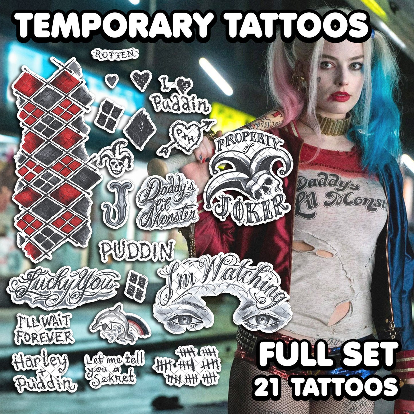 Harley Quinn (Classic) - Suicide Squad | Temporary Tattoos | FULL SET - AlunaCreates