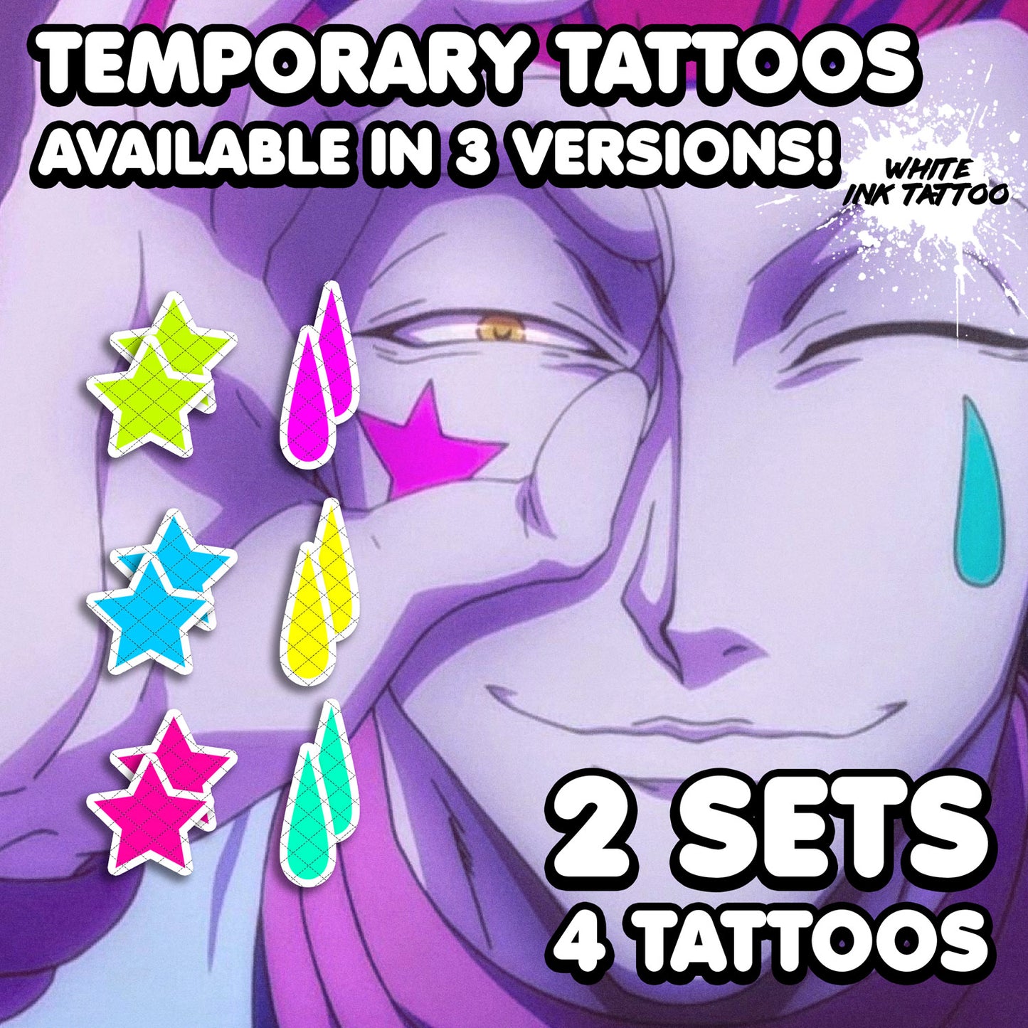 Hisoka Morow - HunterxHunter | Temporary Tattoos | 4 TATTOOS - AlunaCreates