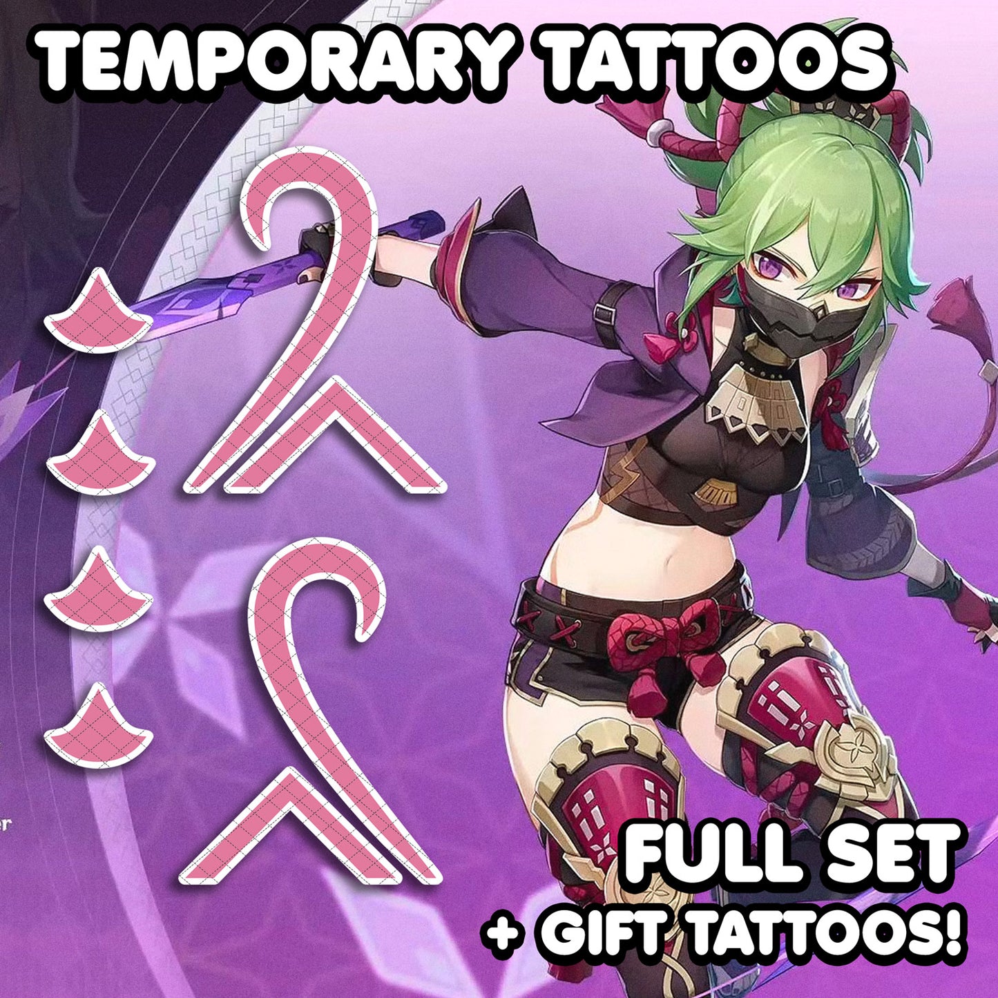 Kuki Shinobu - Genshin Impact | Temporäre Tätowierungen | VOLLSTÄNDIGES SET - AlunaCreates