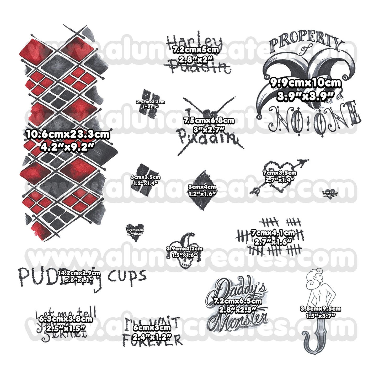 Harley Quinn (Red Dress) - The Suicide Squad | READY TO PRINT .PDF TATTOOS | FULL SET - AlunaCreates