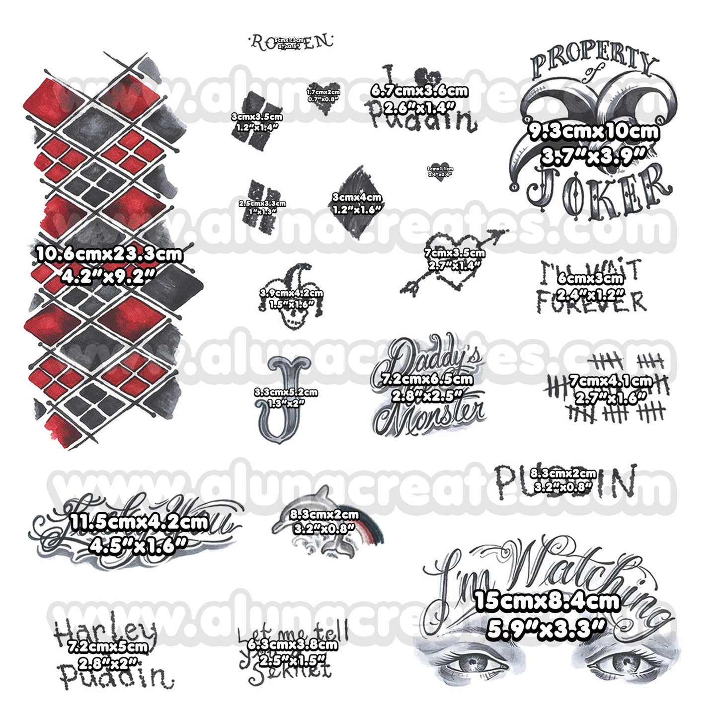 Harley Quinn (Classic) - Suicide Squad | Temporary Tattoos | FULL SET - AlunaCreates