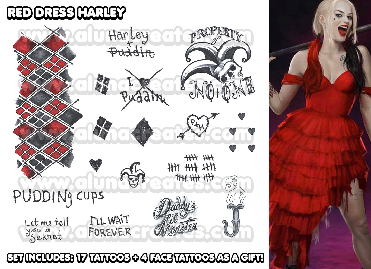 Harley Quinn (Red Dress) - The Suicide Squad | Temporary Tattoos | FULL SET - AlunaCreates