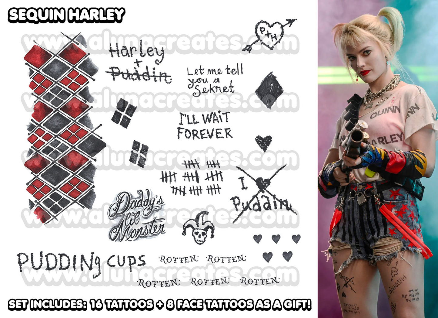 Harley Quinn - Birds of Prey | READY TO PRINT .PDF TATTOOS | FULL SET - AlunaCreates