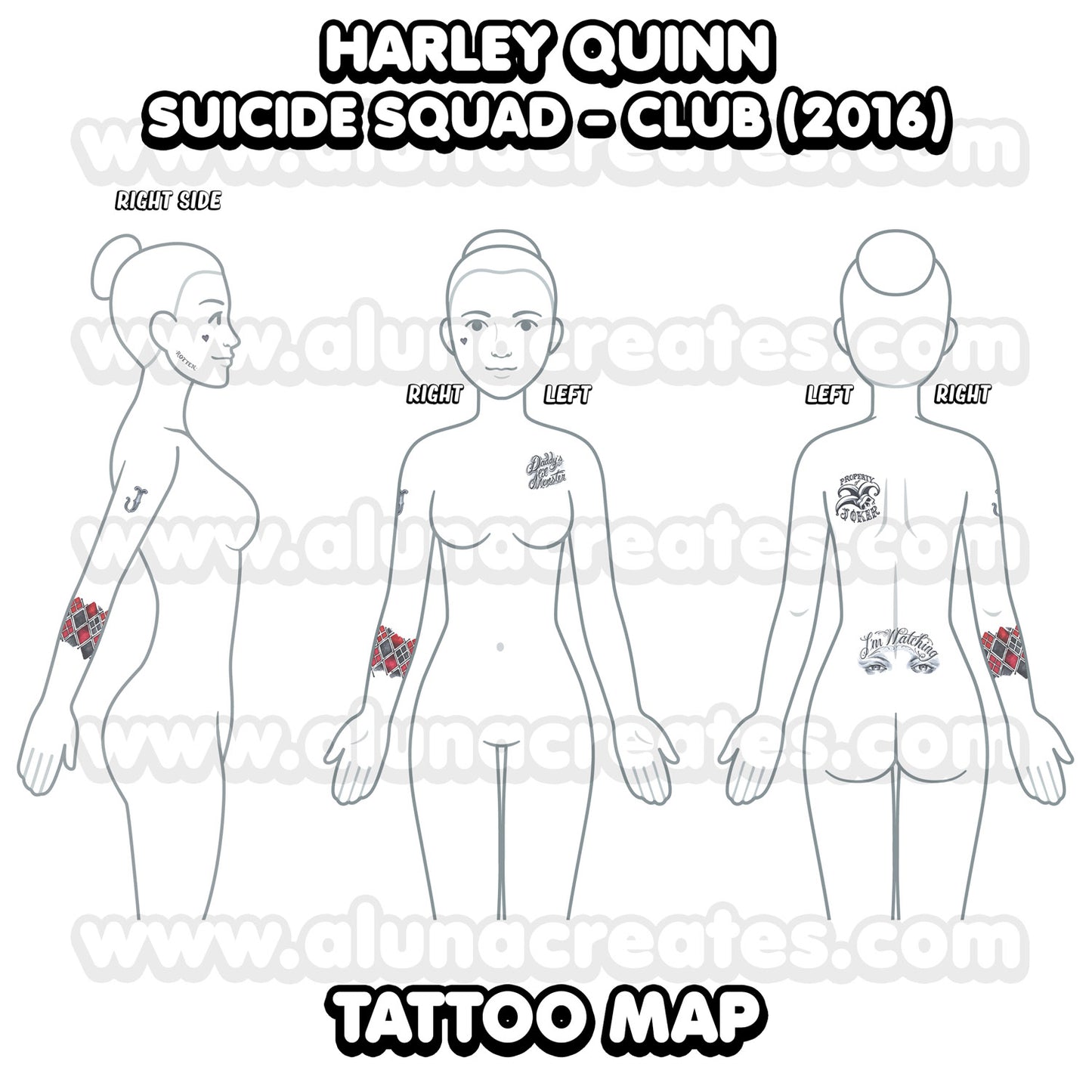 Harley Quinn (Club) - Suicide Squad | Temporary Tattoos | FULL SET - AlunaCreates