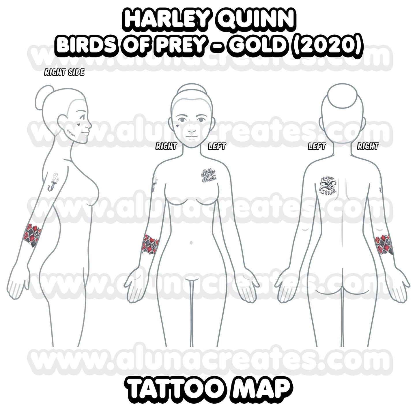 Harley Quinn (Gold) - Birds of Prey | READY TO PRINT .PDF TATTOOS | FULL SET - AlunaCreates