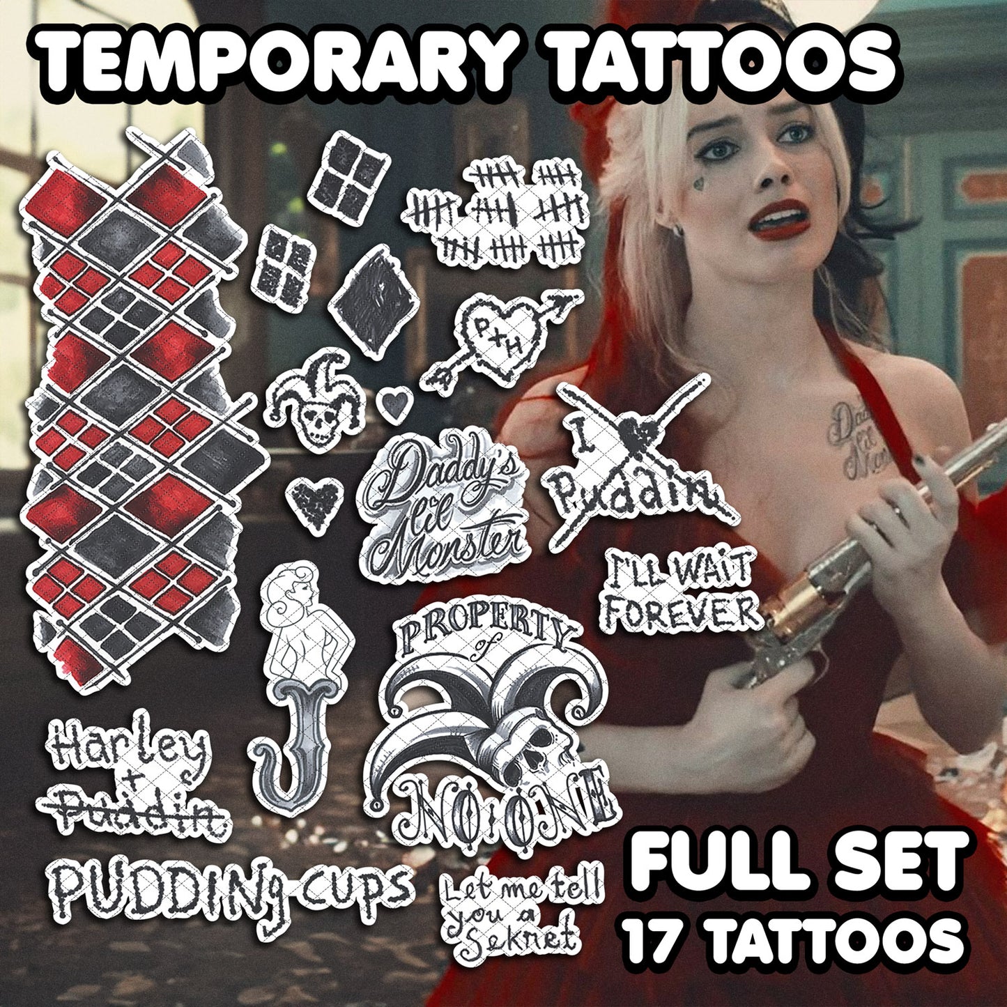 Harley Quinn (Red Dress) - The Suicide Squad | Temporary Tattoos | FULL SET - AlunaCreates