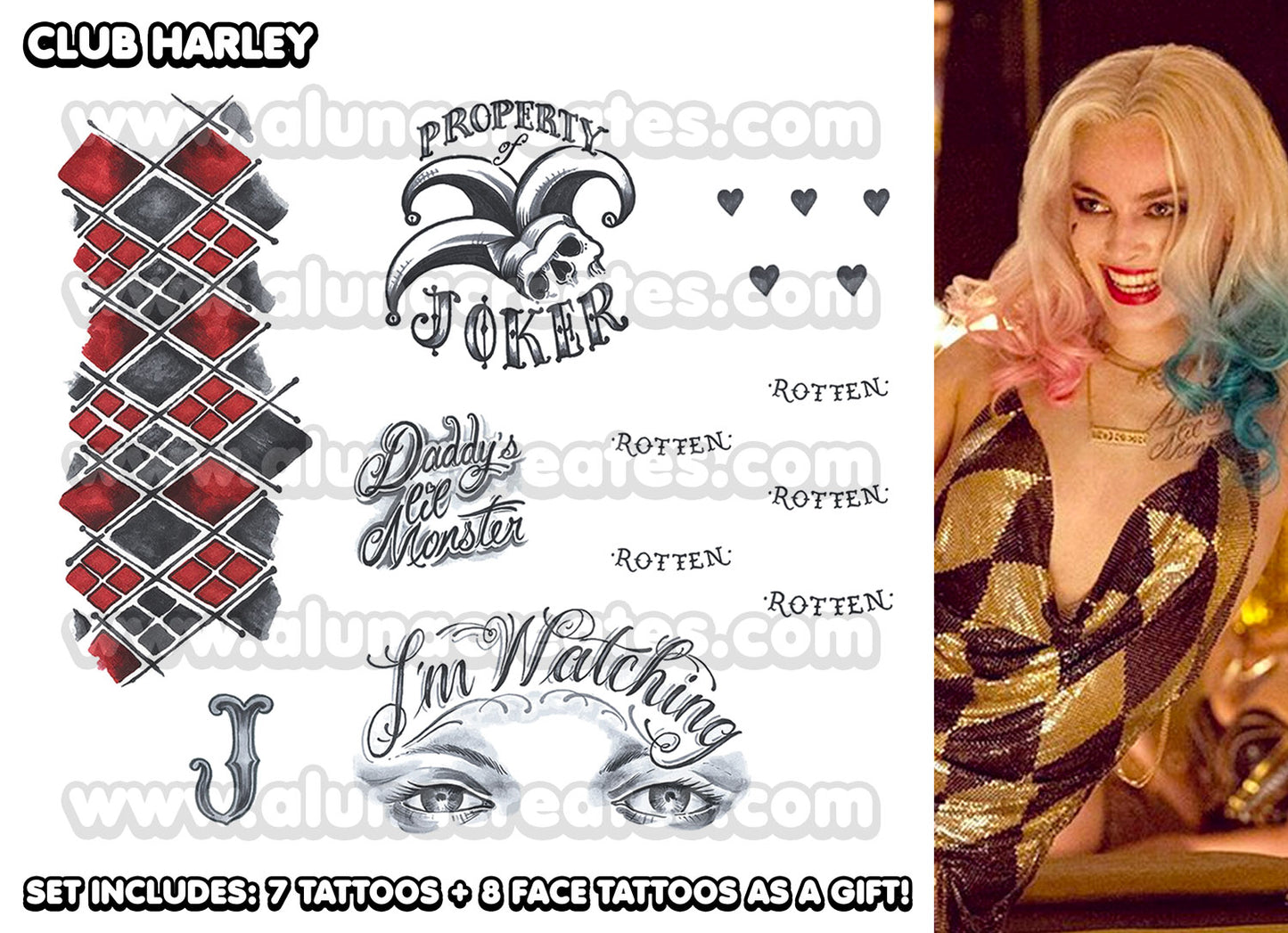 Harley Quinn (Club) - Suicide Squad | Temporary Tattoos | FULL SET - AlunaCreates