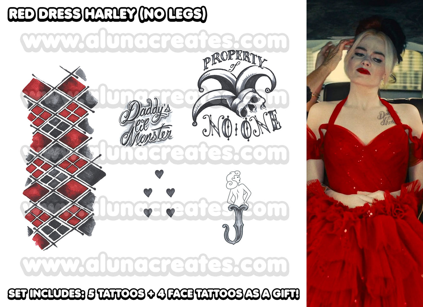 Harley Quinn (rotes Kleid)-Das Selbstmord kommando | Temporäre Tätowierungen | VOLL SET - AlunaCreates