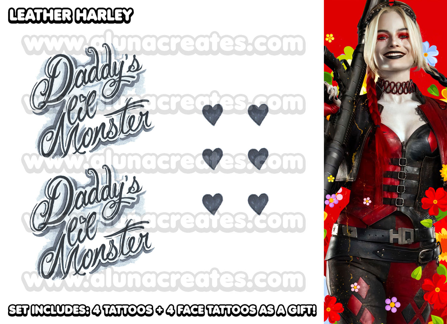 Harley Quinn (Leather) - The Suicide Squad | Temporary Tattoos | 6 TATTOOS - AlunaCreates
