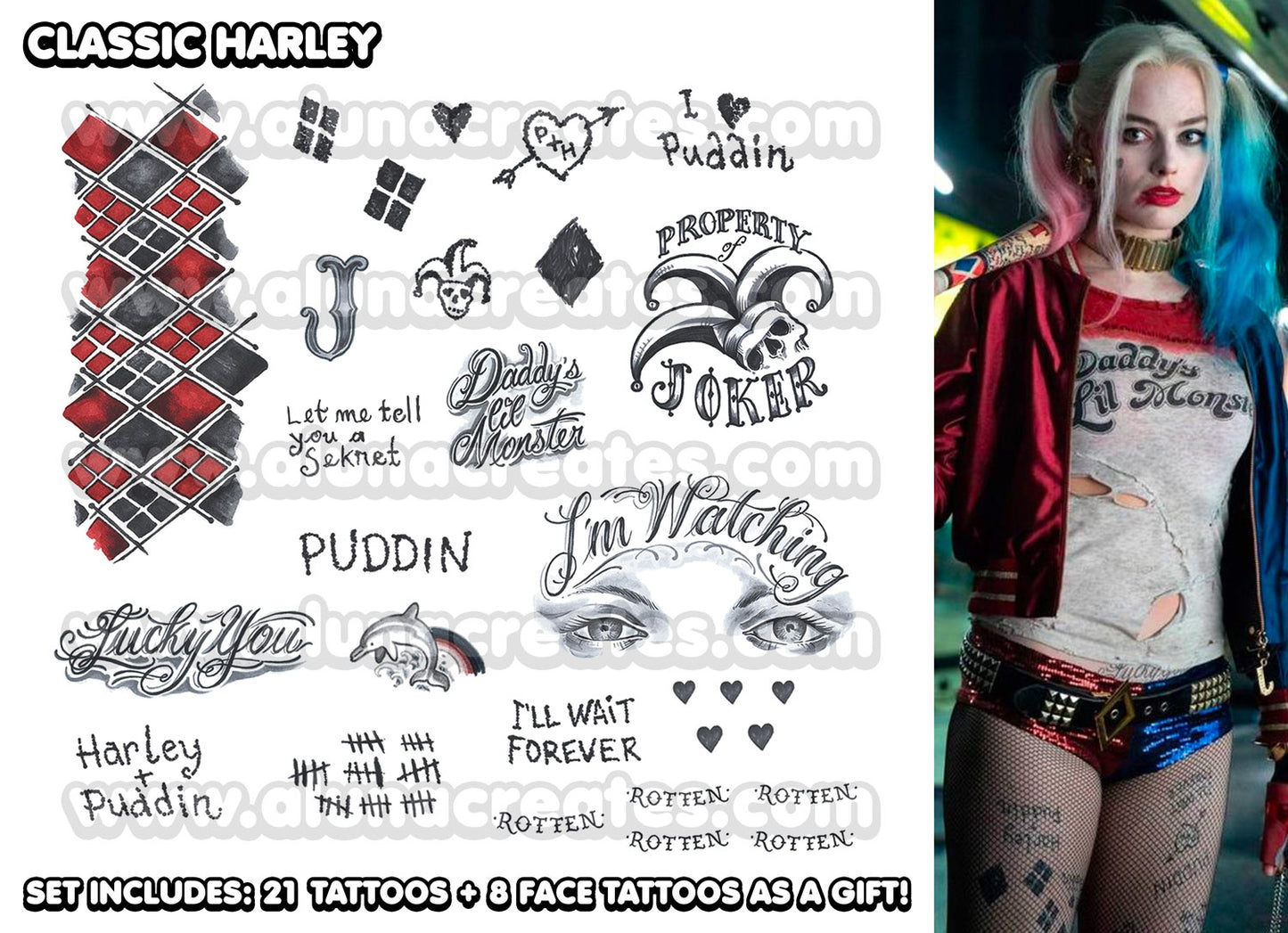 Harley Quinn (Classic) -Selbstmord kommando | Temporäre Tätowierungen | VOLL SET - AlunaCreates