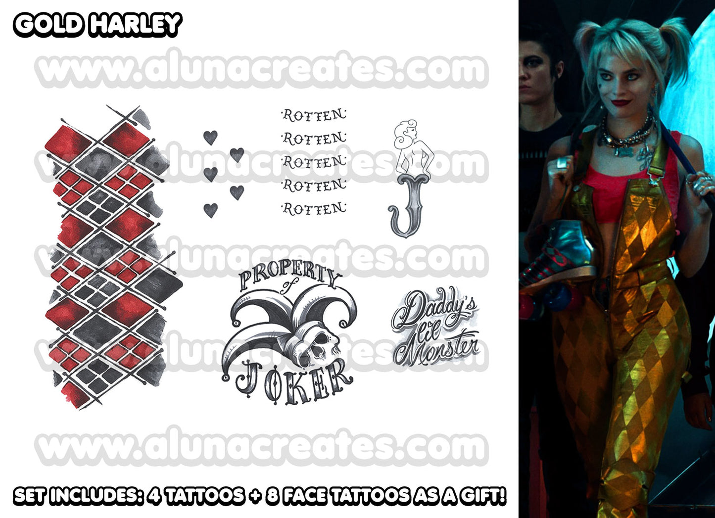 Harley Quinn (Gold) - Birds of Prey | Temporary Tattoos | FULL SET - AlunaCreates
