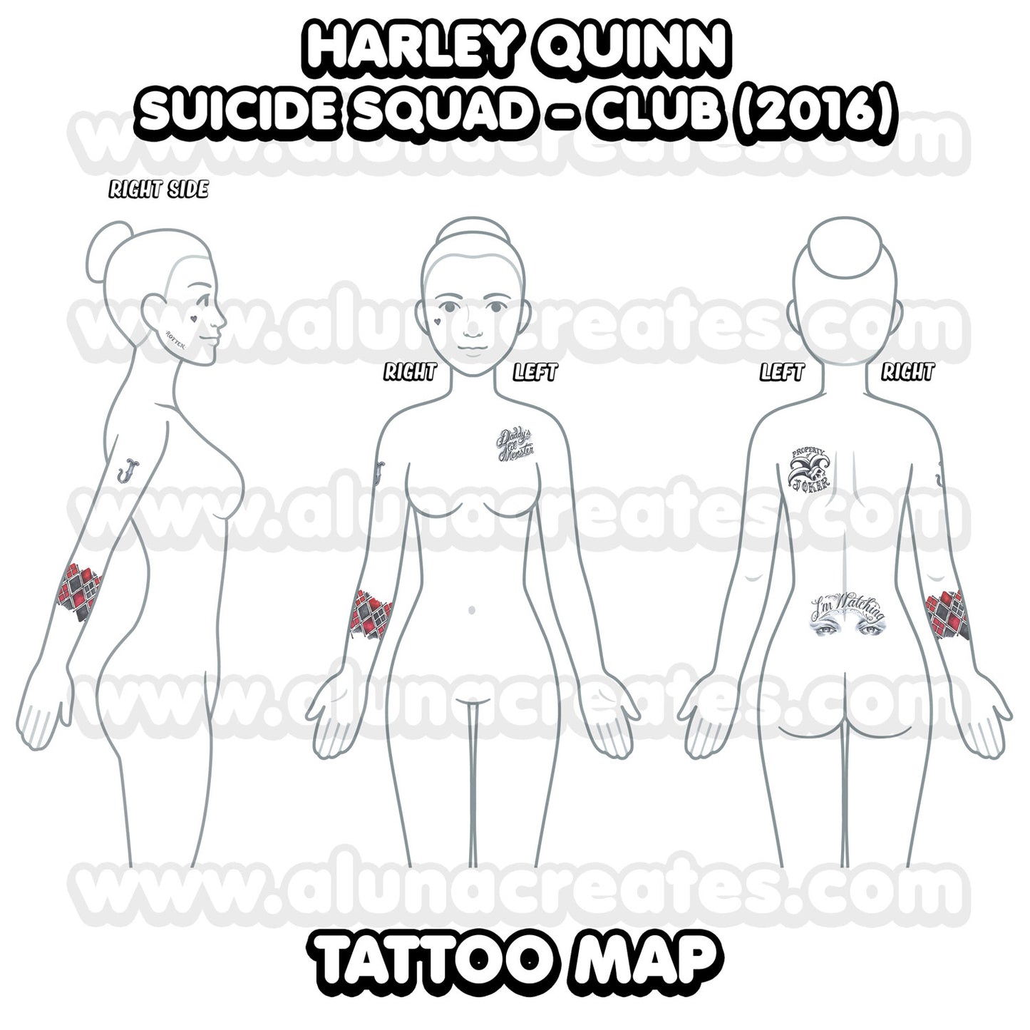 Harley Quinn (Club) - Suicide Squad | READY TO PRINT .PDF TATTOOS | FULL SET - AlunaCreates
